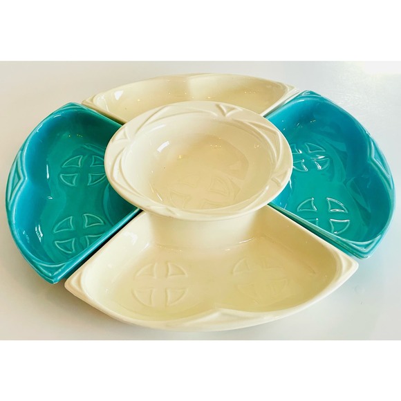 VTG 5 pc Set Maurice California Pottery S-14 Dip Dishes & Bowl USA Teal Cream - Picture 1 of 10